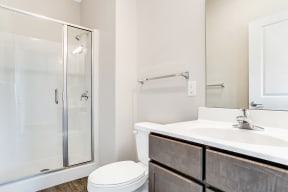 a bathroom with a sink toilet and a shower