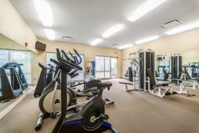 a gym with cardio equipment and weights at the renaissance at port royal apartments at Renaissance Place at Grand Apartments & Townhomes