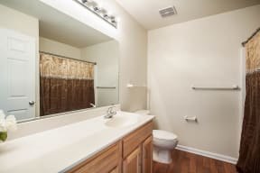 a bathroom with a large mirror and a toilet and sink