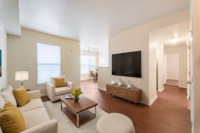 a living room with a couch and a coffee table and a television