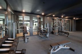 a gym with a lot of equipment and mirrors