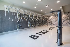 a large bike rack in the center of the store