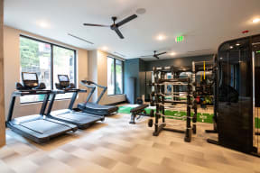 a gym with cardio machines and weights on a checkered floor