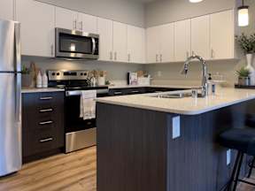 a kitchen with a counter top and a sink at Pottery Creek Apartments, Washington