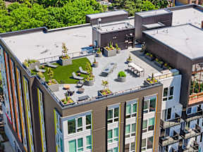 a view of the roof of a building with a green roof at Hue Apartments, Redmond