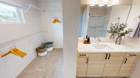 two views of a bathroom with a sink and a mirror