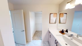 a bathroom with a sink and a mirror and a closet