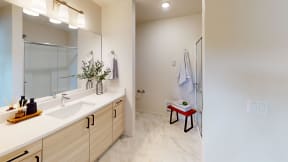 a bathroom with a sink and a mirror and a shower