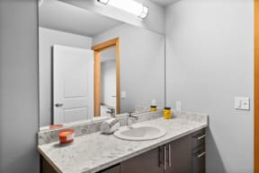 a bathroom with a sink and a mirror