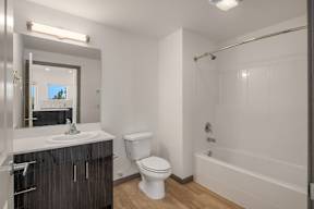 A bathroom with a white toilet and a white bathtub.