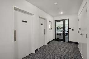 A hallway with a carpeted floor and white walls.