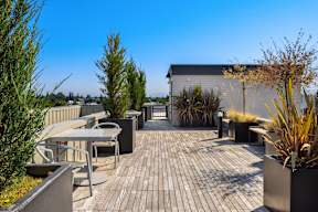 A patio with a table and chairs is surrounded by plants.