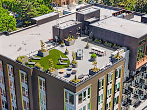 an aerial view of a building with a green roof at Hue Apartments, Washington