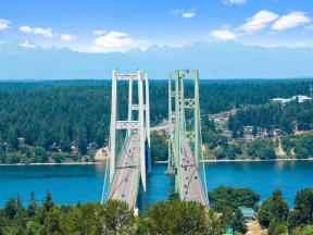 a view of the lions gate bridge over lions gate lake