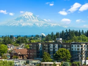 a view of mt hood over the city