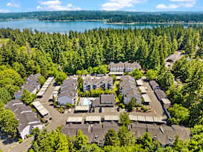 an aerial view of a neighborhood of houses near a lake