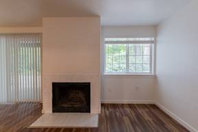 A fireplace in a room with a window.