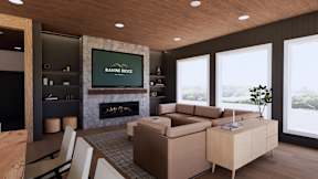 A living room with a fireplace and a couch.