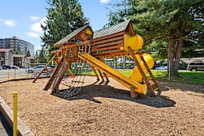 a playground at a park with a yellow swing set