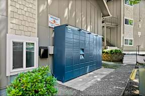 a small blue box on the side of a building