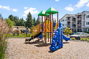 A playground with a yellow and blue slide and a green and white canopy.