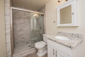 A bathroom with a marble countertop and a walk-in shower.