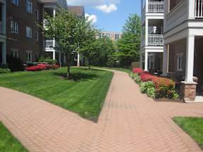 A brick pathway leads through a grassy area between two apartment buildings.
