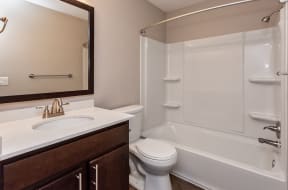 bathroom with tub, toliet, and large vanity