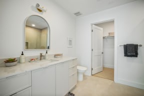 a bathroom with a sink and a toilet and a mirror