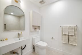 a bathroom with a sink toilet and a mirror