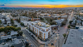 an aerial view of a building in the city
