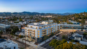 an aerial view of a building in the city