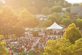 A large crowd of people are gathered in a park for an event.