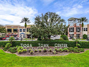 Tioga Town Center sign with retail storefronts, palm trees and parking near apartments in Newberry, FL.