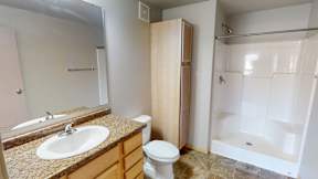 A bathroom with a sink, toilet, and shower.