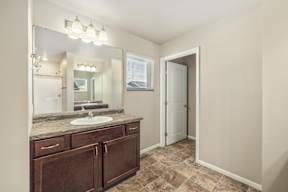 A bathroom with a sink, mirror, and wooden cabinets.