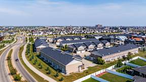 A suburban area with a road and houses.