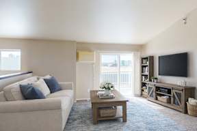 A living room with a couch, a coffee table, and a television.