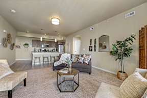 A living room with a couch, a coffee table, and a potted plant.