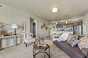 A living room with a couch, a coffee table, and a kitchen in the background.