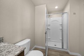 A white toilet sits next to a walk-in shower.
