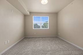 Empty room with a window and carpeted floor.