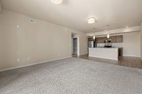 A spacious living room with a kitchen area in the background.