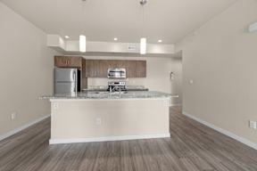 A kitchen with a granite countertop and stainless steel appliances.