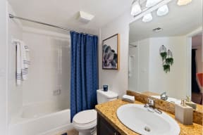 Bathroom with sink, toilet, shower tub, mirror and lighting