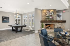 803 Corday at Naperville - Recreation Area with Billiards Table, Fireplace, and Lounge Seating