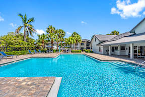 A large swimming pool surrounded by palm trees and lounge chairs.