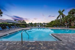 A large swimming pool with a blue tiled edge and a black ladder.
