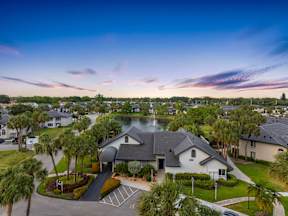 A residential area with houses and palm trees.