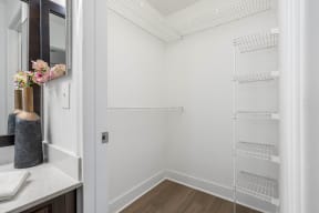 a bathroom with a sink and a mirror and a walk in closet